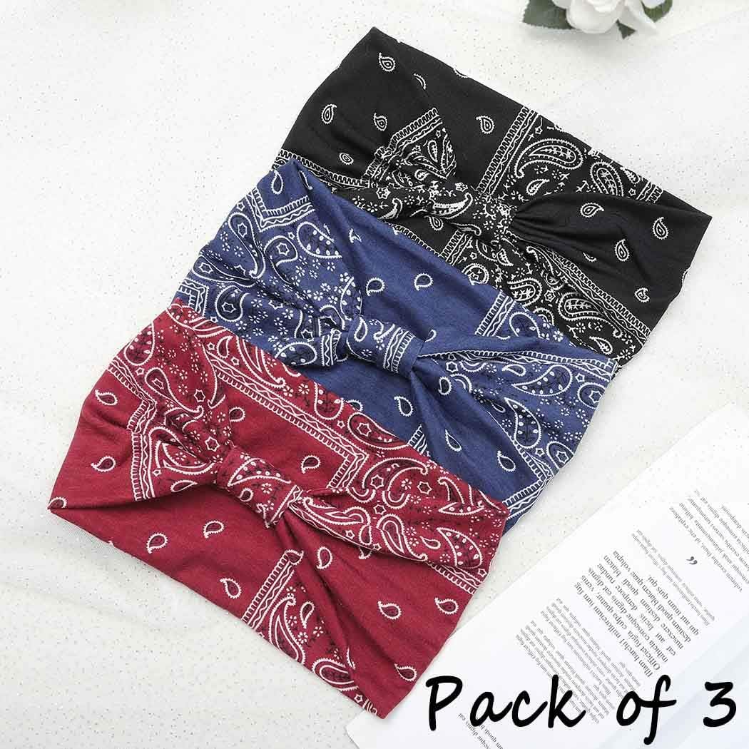 Boho Bandeau Headbands Wide Knot Hair Scarf Floral Printed Hair Band Elastic Turban Thick Head Wrap Stretch Fabric Cotton Head Bands Thick Fashion Hair Accessories for Women 3 Pcs (Elegant) - Image 2