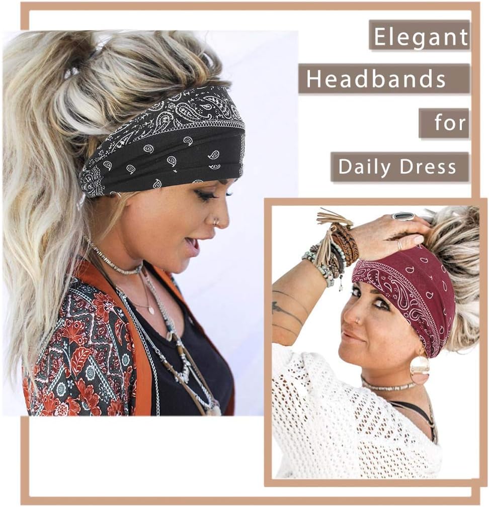 Boho Bandeau Headbands Wide Knot Hair Scarf Floral Printed Hair Band Elastic Turban Thick Head Wrap Stretch Fabric Cotton Head Bands Thick Fashion Hair Accessories for Women 3 Pcs (Elegant) - Image 4