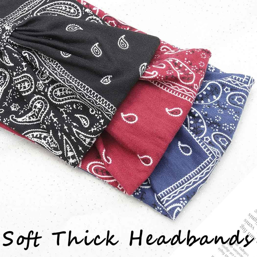 Boho Bandeau Headbands Wide Knot Hair Scarf Floral Printed Hair Band Elastic Turban Thick Head Wrap Stretch Fabric Cotton Head Bands Thick Fashion Hair Accessories for Women 3 Pcs (Elegant) - Image 5