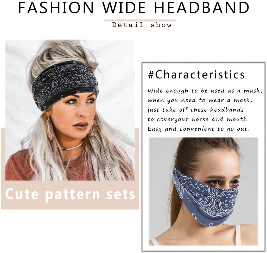 Boho Bandeau Headbands Wide Knot Hair Scarf Floral Printed Hair Band Elastic Turban Thick Head Wrap Stretch Fabric Cotton Head Bands Thick Fashion Hair Accessories for Women 3 Pcs (Elegant) - Image 6