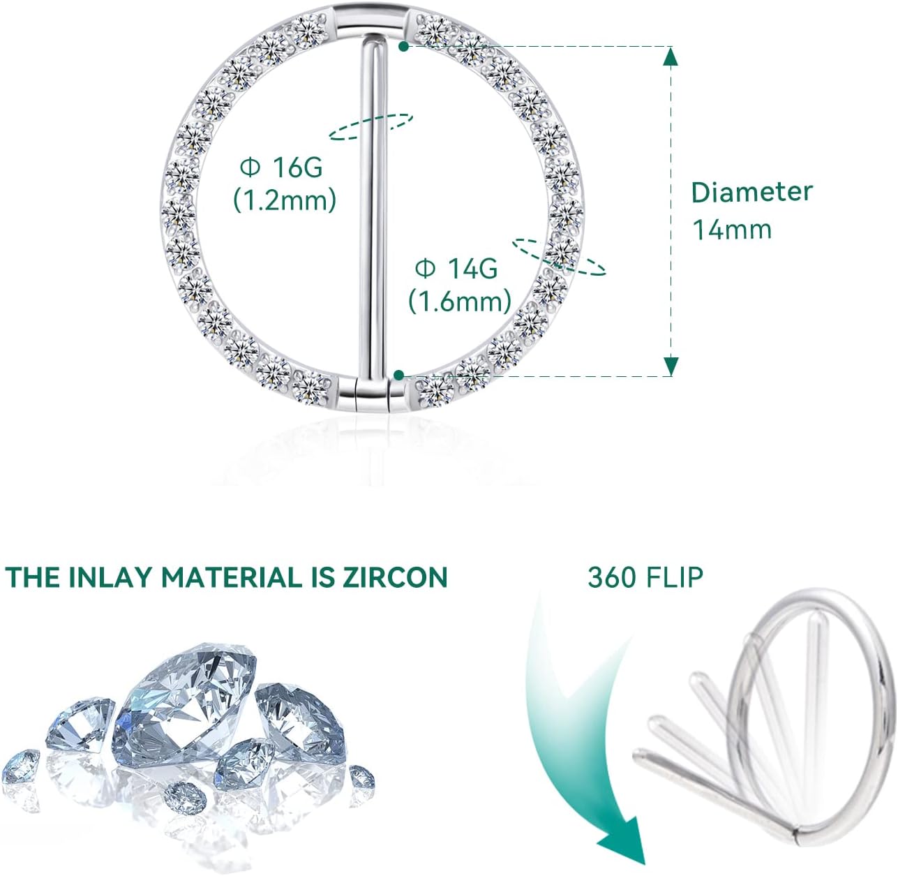 16G Nipple Rings, 2Pcs G23 14mm Solid Titanium Nipple Piercing Jewelry with Clear Shiny Cubic Zircon for Women, 14mm, Titanium, cubic zirconia - Image 2