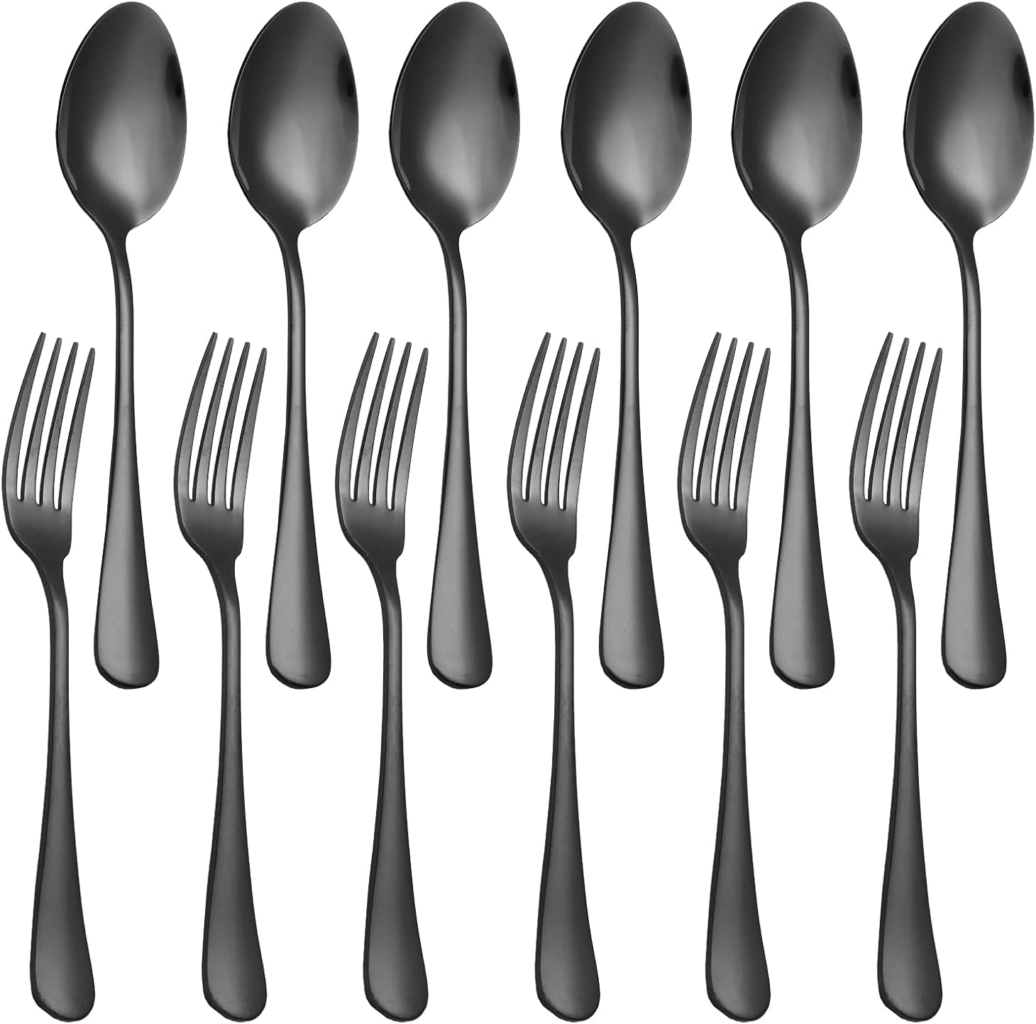 Set of 12, Stainless Steel Dinner Forks and Spoons Silverware Set, Heavy-Duty Forks (8 Inch) and Spoons (6.7 Inch) Cutlery Set, Dishwasher Safe (Black) - Image 1