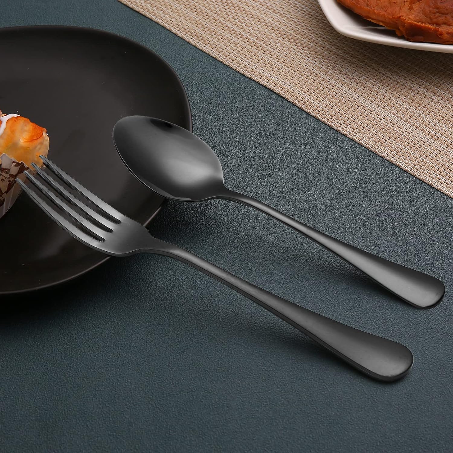 Set of 12, Stainless Steel Dinner Forks and Spoons Silverware Set, Heavy-Duty Forks (8 Inch) and Spoons (6.7 Inch) Cutlery Set, Dishwasher Safe (Black) - Image 2