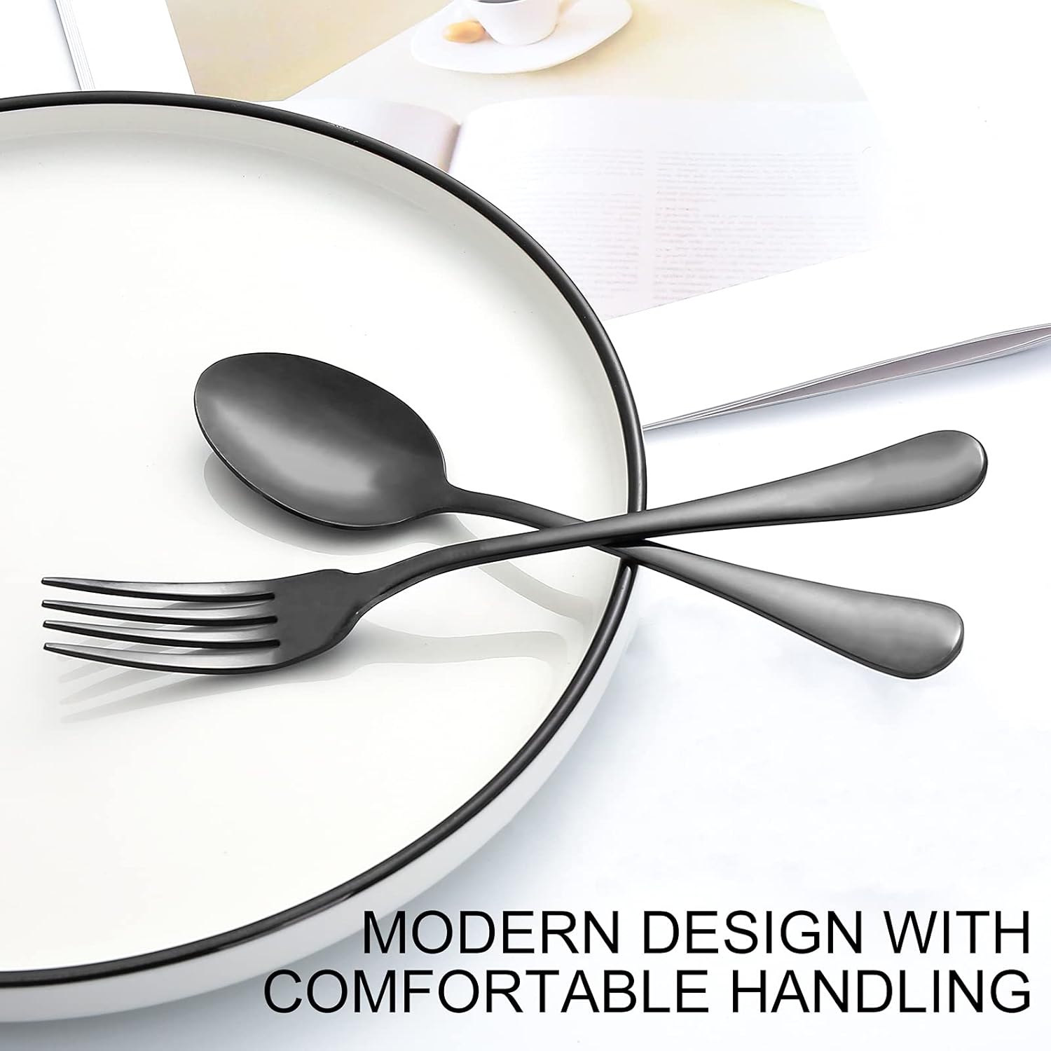Set of 12, Stainless Steel Dinner Forks and Spoons Silverware Set, Heavy-Duty Forks (8 Inch) and Spoons (6.7 Inch) Cutlery Set, Dishwasher Safe (Black) - Image 5