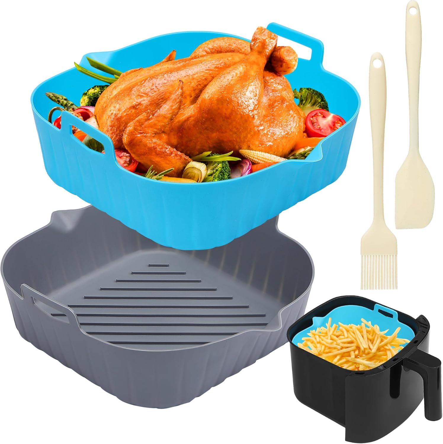 Air Fryer Liner Square 2 Pack 8.6 Inch Silicone Airfryer Liners 4-7 QT Reusable Air Fryer Silicone Liners Pot Oven Liner Baking Tray, Air Fryer Basket Silicone Mat Bowl Air Fryer Accessories Kitchen - Image 1