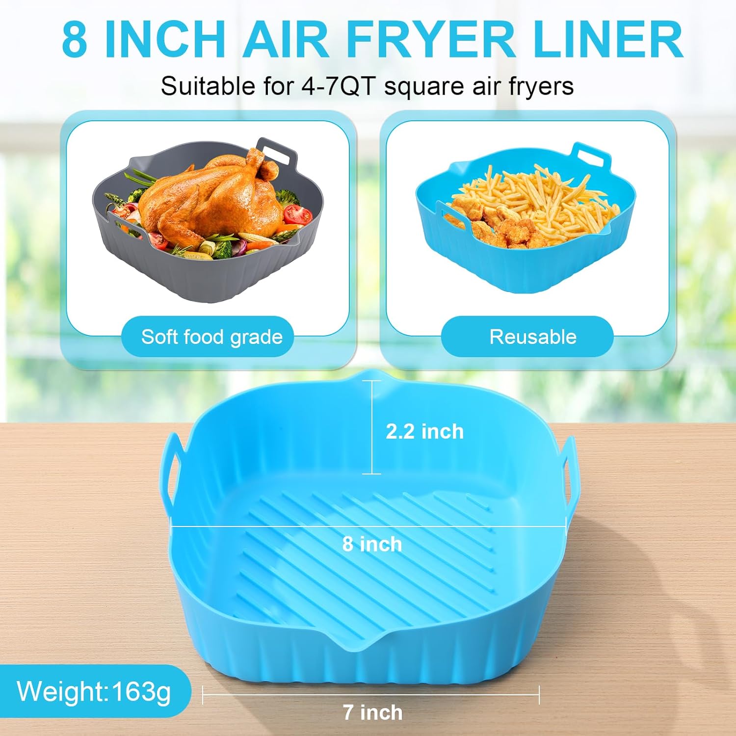 Air Fryer Liner Square 2 Pack 8.6 Inch Silicone Airfryer Liners 4-7 QT Reusable Air Fryer Silicone Liners Pot Oven Liner Baking Tray, Air Fryer Basket Silicone Mat Bowl Air Fryer Accessories Kitchen - Image 2