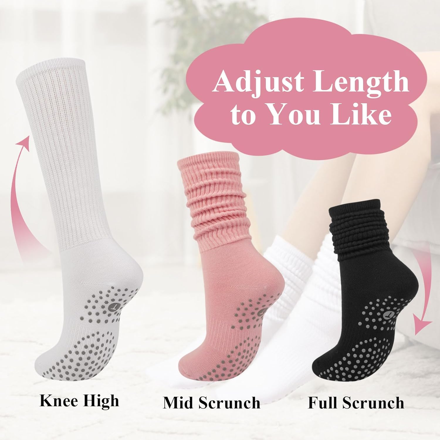 Grip Pilates Socks for Women, Yoga Slouch Socks with Grip for Barre Workout Hospital Long Scrunch Slipper Socks - Image 2