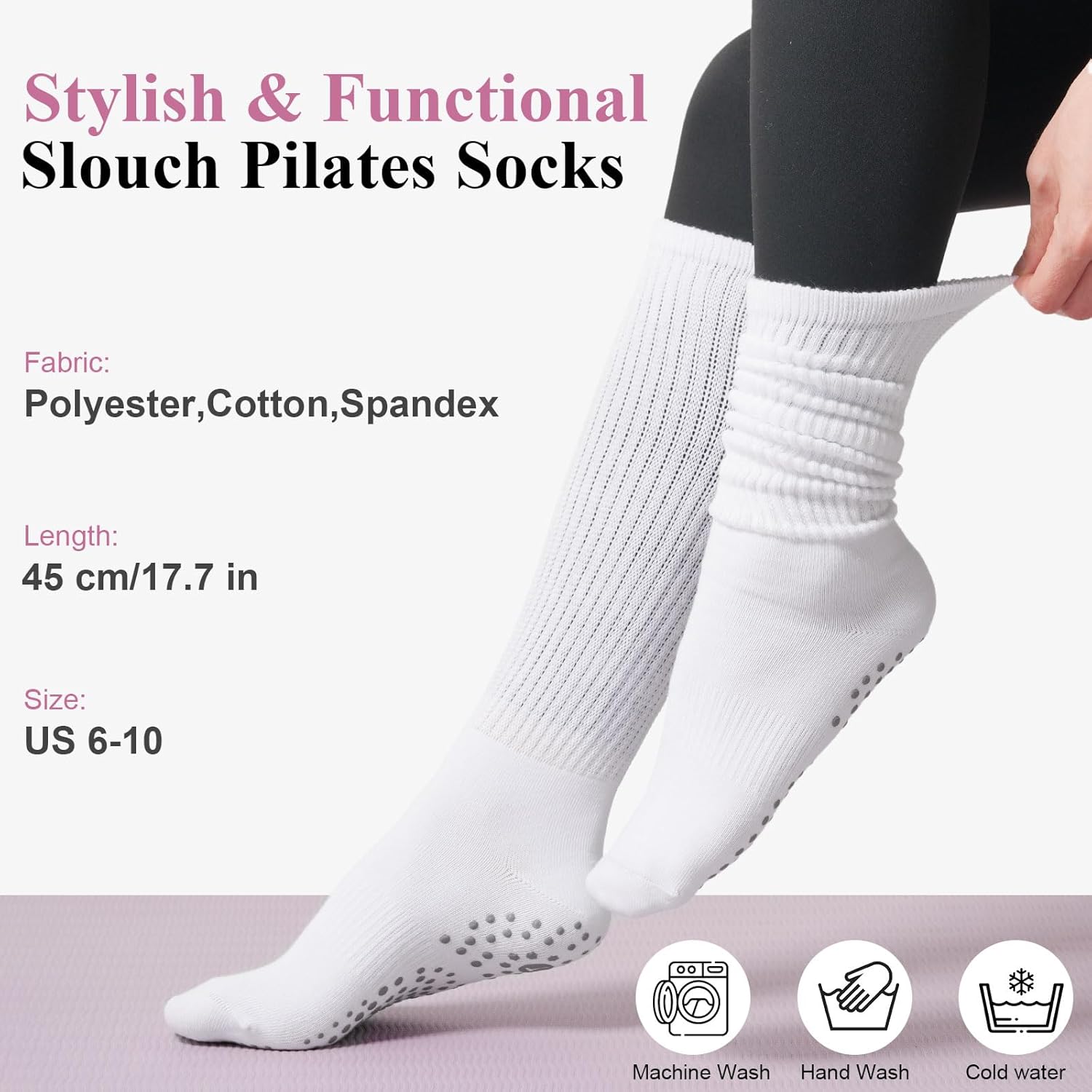 Grip Pilates Socks for Women, Yoga Slouch Socks with Grip for Barre Workout Hospital Long Scrunch Slipper Socks - Image 4