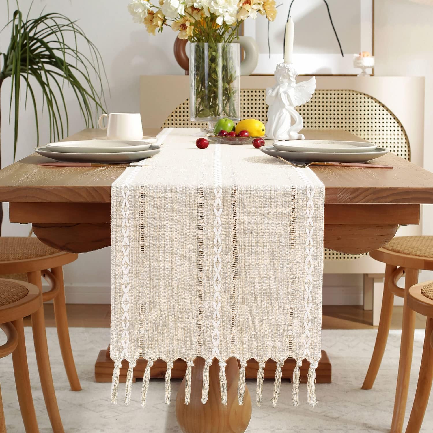 Fall Table Runner Farmhouse Rustic Style 13“ x 90”, Braided Striped Linen Cream Table Runner 90 Inches Long with Tassels for Dining Room Kitchen Reading Dresser Décor,Ivory White - Image 1