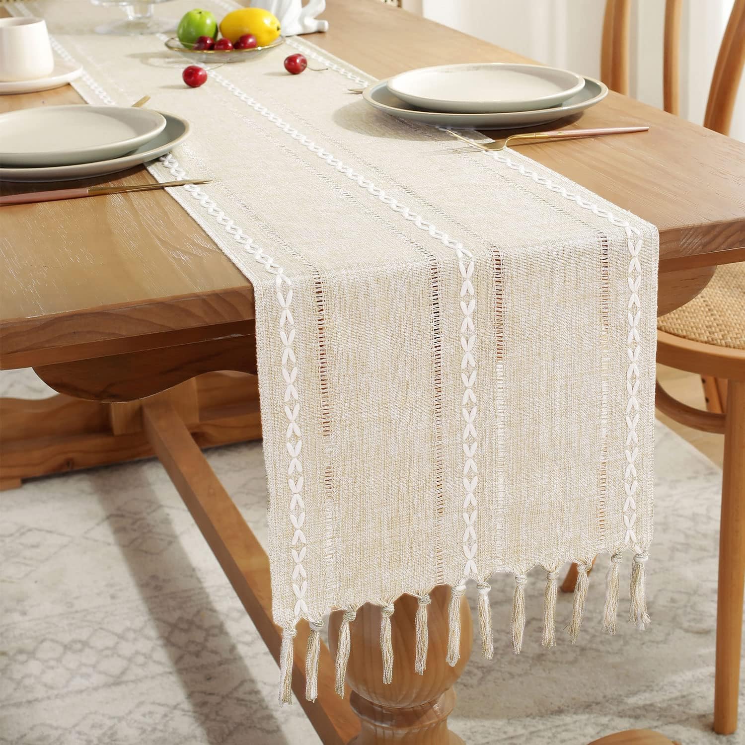 Fall Table Runner Farmhouse Rustic Style 13“ x 90”, Braided Striped Linen Cream Table Runner 90 Inches Long with Tassels for Dining Room Kitchen Reading Dresser Décor,Ivory White - Image 2