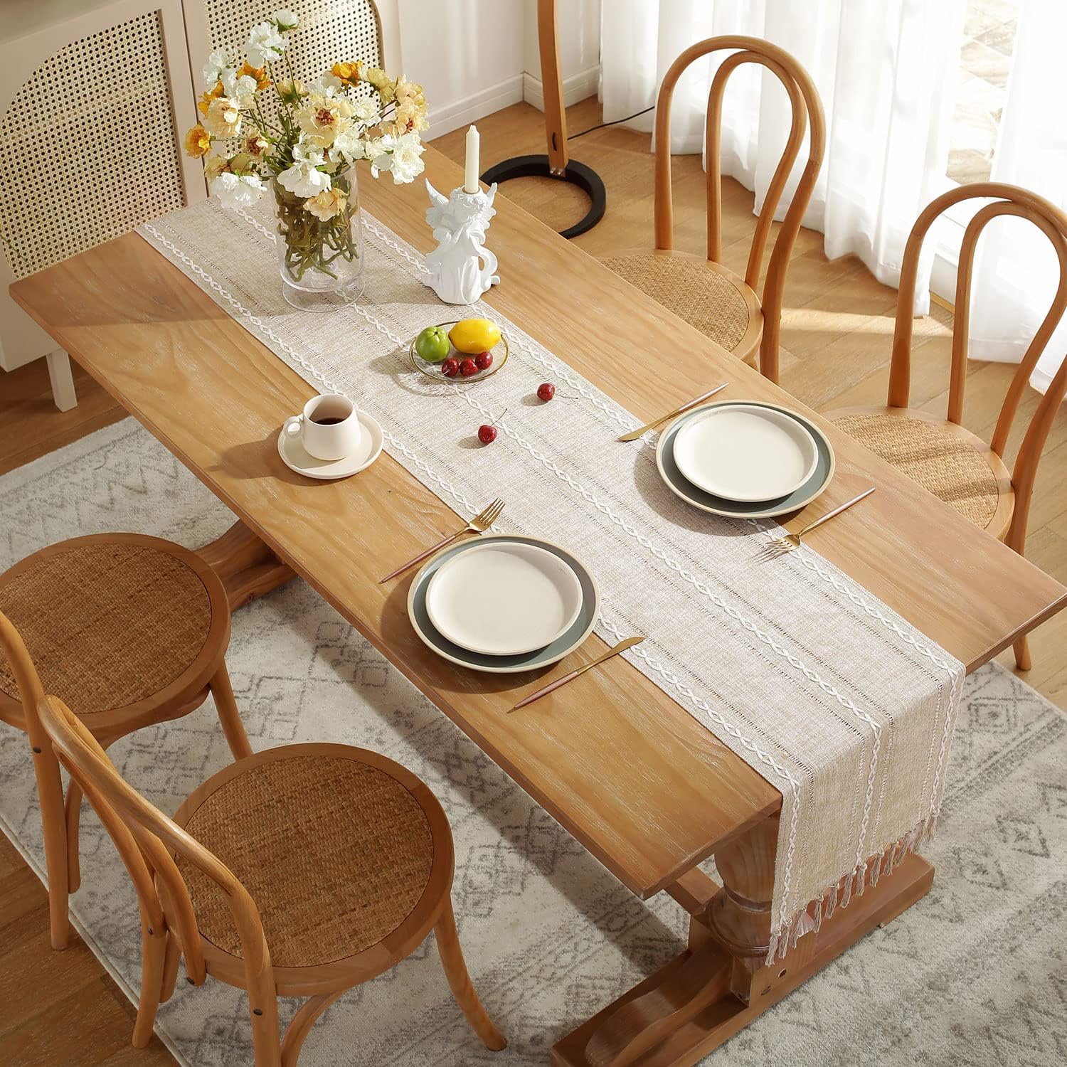 Fall Table Runner Farmhouse Rustic Style 13“ x 90”, Braided Striped Linen Cream Table Runner 90 Inches Long with Tassels for Dining Room Kitchen Reading Dresser Décor,Ivory White - Image 3