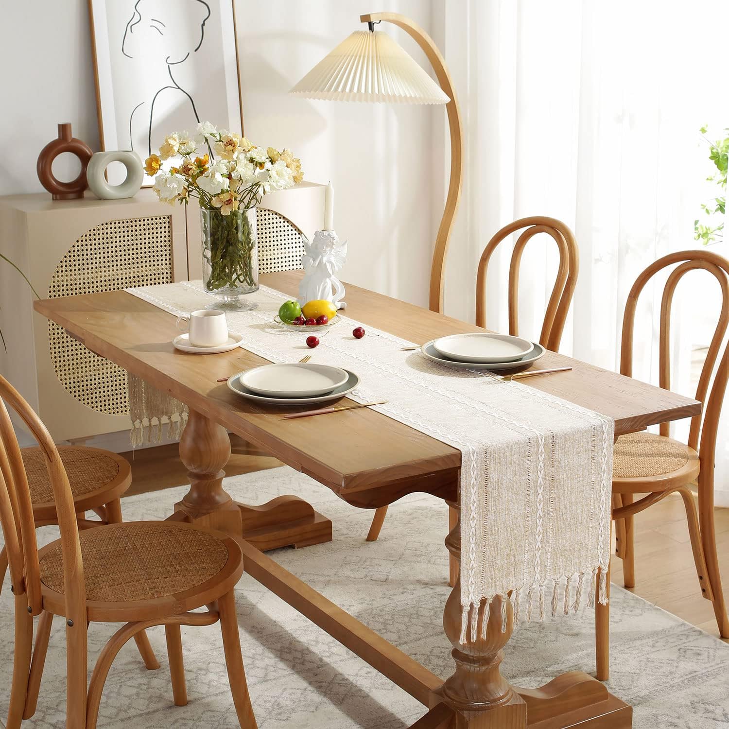 Fall Table Runner Farmhouse Rustic Style 13“ x 90”, Braided Striped Linen Cream Table Runner 90 Inches Long with Tassels for Dining Room Kitchen Reading Dresser Décor,Ivory White - Image 4