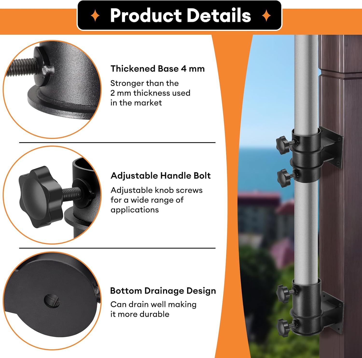 Umbrella Clamp Deck Umbrella Mount Bracket 2PCS Umbrella Clamp I Patio Umbrella Holder,Umbrella Clamp Mount for Deck Railing Heavy Duty Umbrella Clamp,Patio Umbrella Stand for Balcony,Courtyard - Image 4