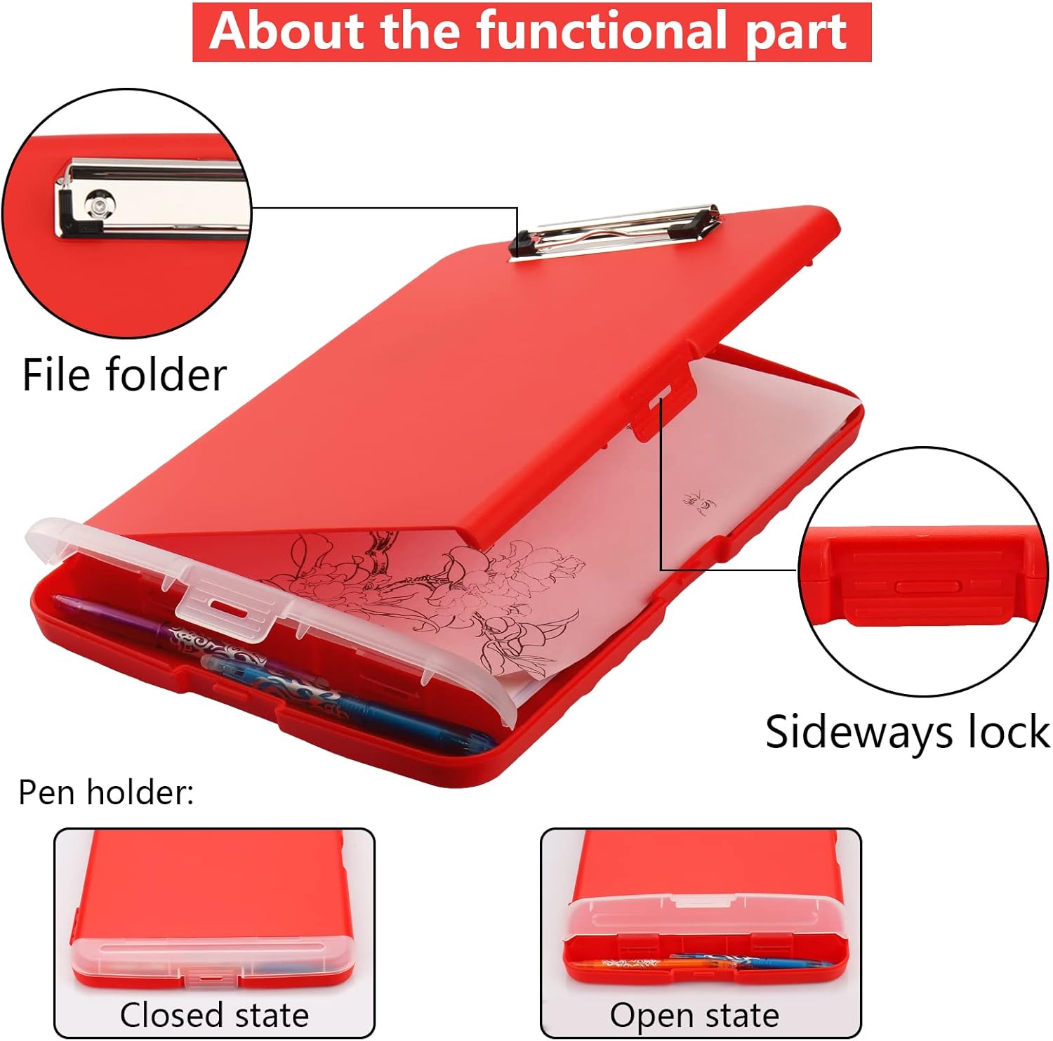 Clipboard with Storage for Office Supplies Clip Boards 8.5x11 with Storage for Nurse,Side Open Nurse Clipboards Foldable Storage Clipboard,Plastic Clipboards with Low Profile Clip Clip Board-Red - Image 5