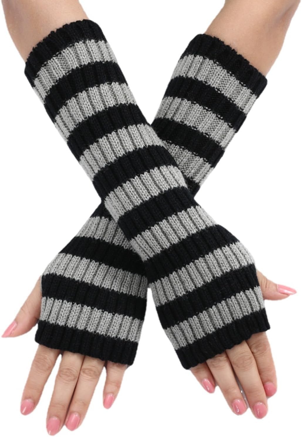 Y2k Striped Arm Warmers Long Fingerless Knitted Gloves Punk Gothic Alt Emo Scene Cool Winter Arm Sleeves Grunge Accessories - Image 1