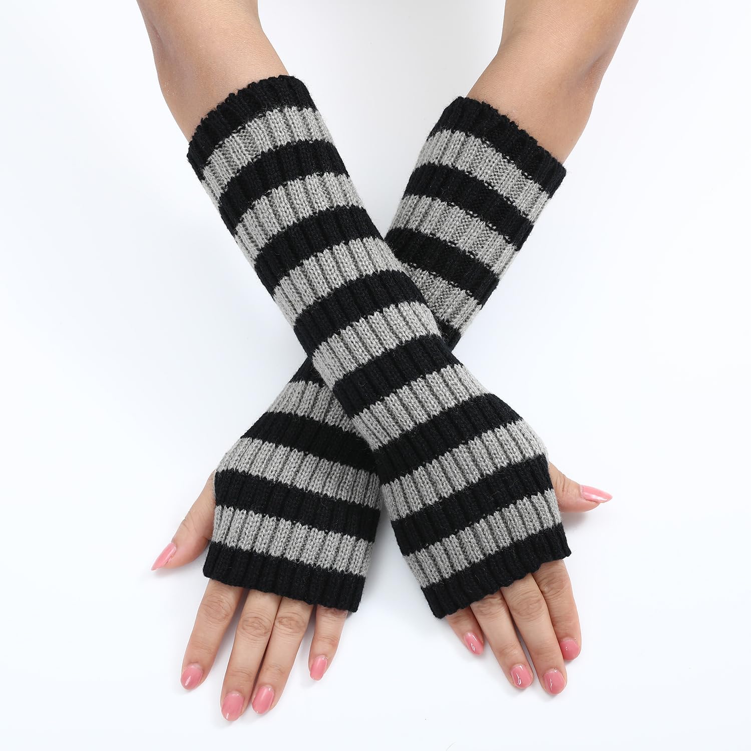 Y2k Striped Arm Warmers Long Fingerless Knitted Gloves Punk Gothic Alt Emo Scene Cool Winter Arm Sleeves Grunge Accessories - Image 2