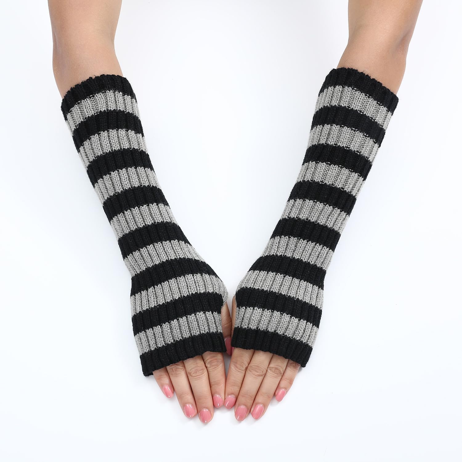 Y2k Striped Arm Warmers Long Fingerless Knitted Gloves Punk Gothic Alt Emo Scene Cool Winter Arm Sleeves Grunge Accessories - Image 3