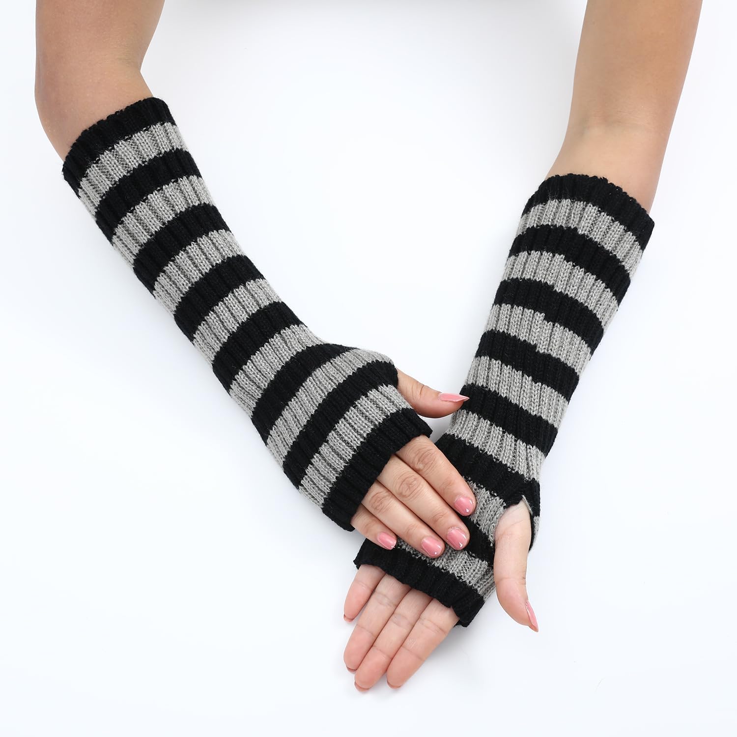 Y2k Striped Arm Warmers Long Fingerless Knitted Gloves Punk Gothic Alt Emo Scene Cool Winter Arm Sleeves Grunge Accessories - Image 4