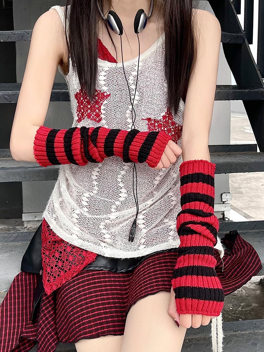 Y2k Striped Arm Warmers Long Fingerless Knitted Gloves Punk Gothic Alt Emo Scene Cool Winter Arm Sleeves Grunge Accessories - Image 5