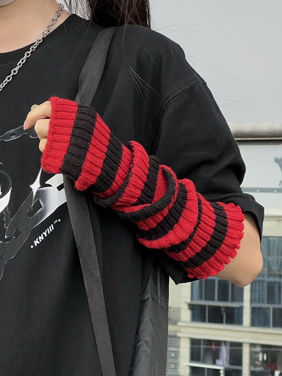 Y2k Striped Arm Warmers Long Fingerless Knitted Gloves Punk Gothic Alt Emo Scene Cool Winter Arm Sleeves Grunge Accessories - Image 6
