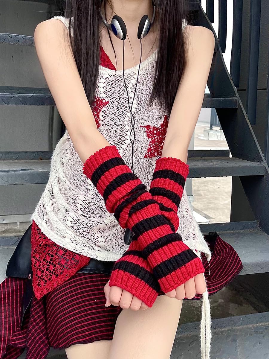 Y2k Striped Arm Warmers Long Fingerless Knitted Gloves Punk Gothic Alt Emo Scene Cool Winter Arm Sleeves Grunge Accessories - Image 7
