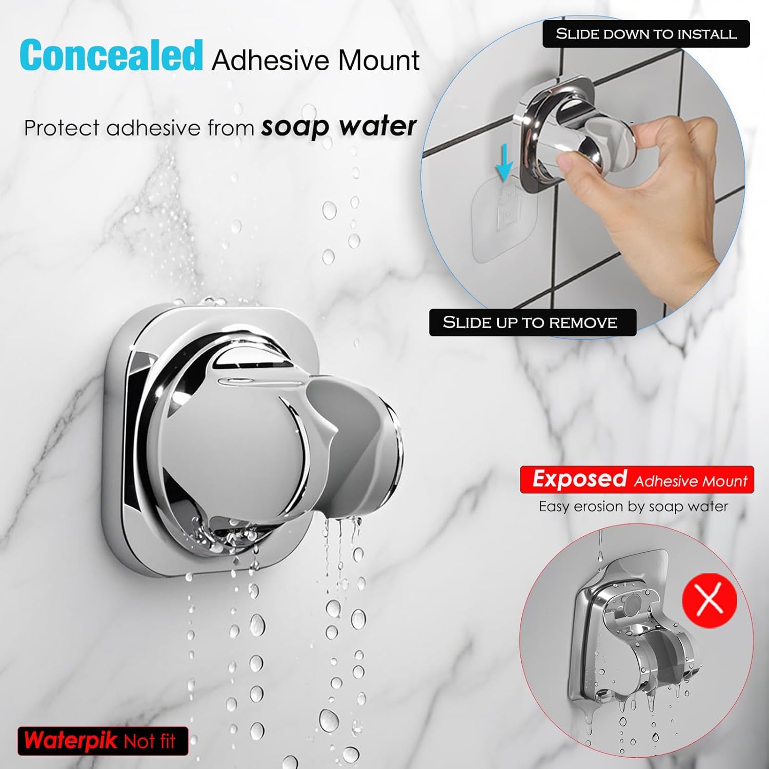 Handheld Shower Head Holder - 5 Angles Adjustable - Concealed Adhesive Mount (Holder Only) - Image 2
