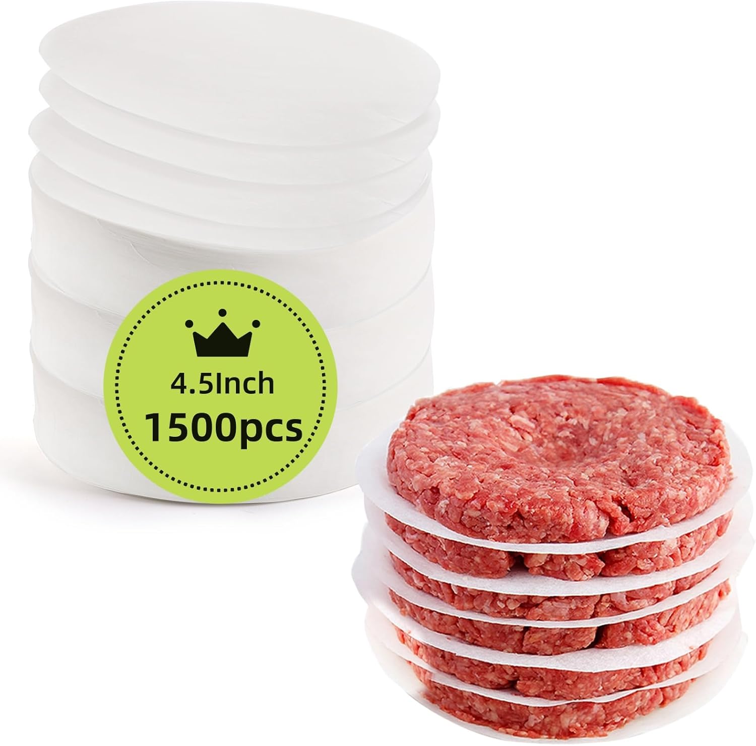 1500pcs Hamburger Patty Paper, 4.5IN Non-Stick Wax Papers, Round Parchment Paper, Food-Grade Burger Sheets for Patty Separating, Freezing, BBQ, Ground Beef and Turkey - Image 1