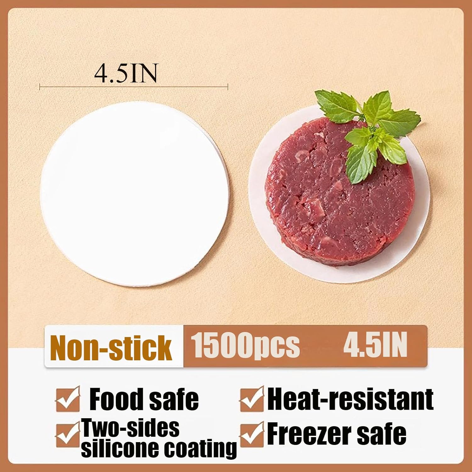 1500pcs Hamburger Patty Paper, 4.5IN Non-Stick Wax Papers, Round Parchment Paper, Food-Grade Burger Sheets for Patty Separating, Freezing, BBQ, Ground Beef and Turkey - Image 2