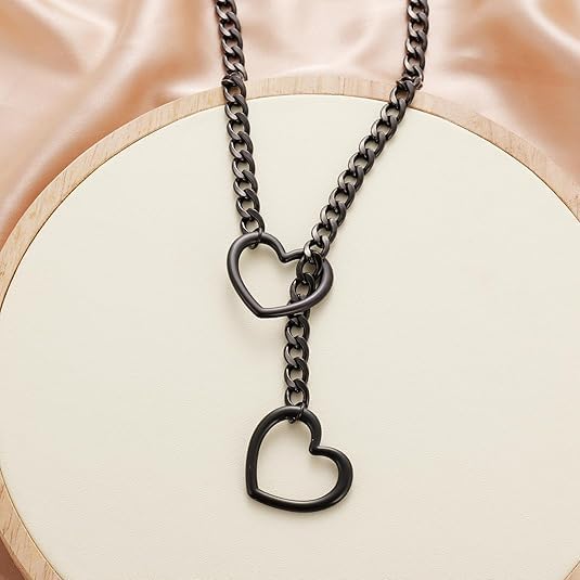Heart Slip Chain Necklaces for Women Stainless Steel O-Ring Adjustable Lariat Heart Y-Necklace Cuban Long Necklace Punk Gothic Cuban Collar Choker Necklace Jewelry - Image 5