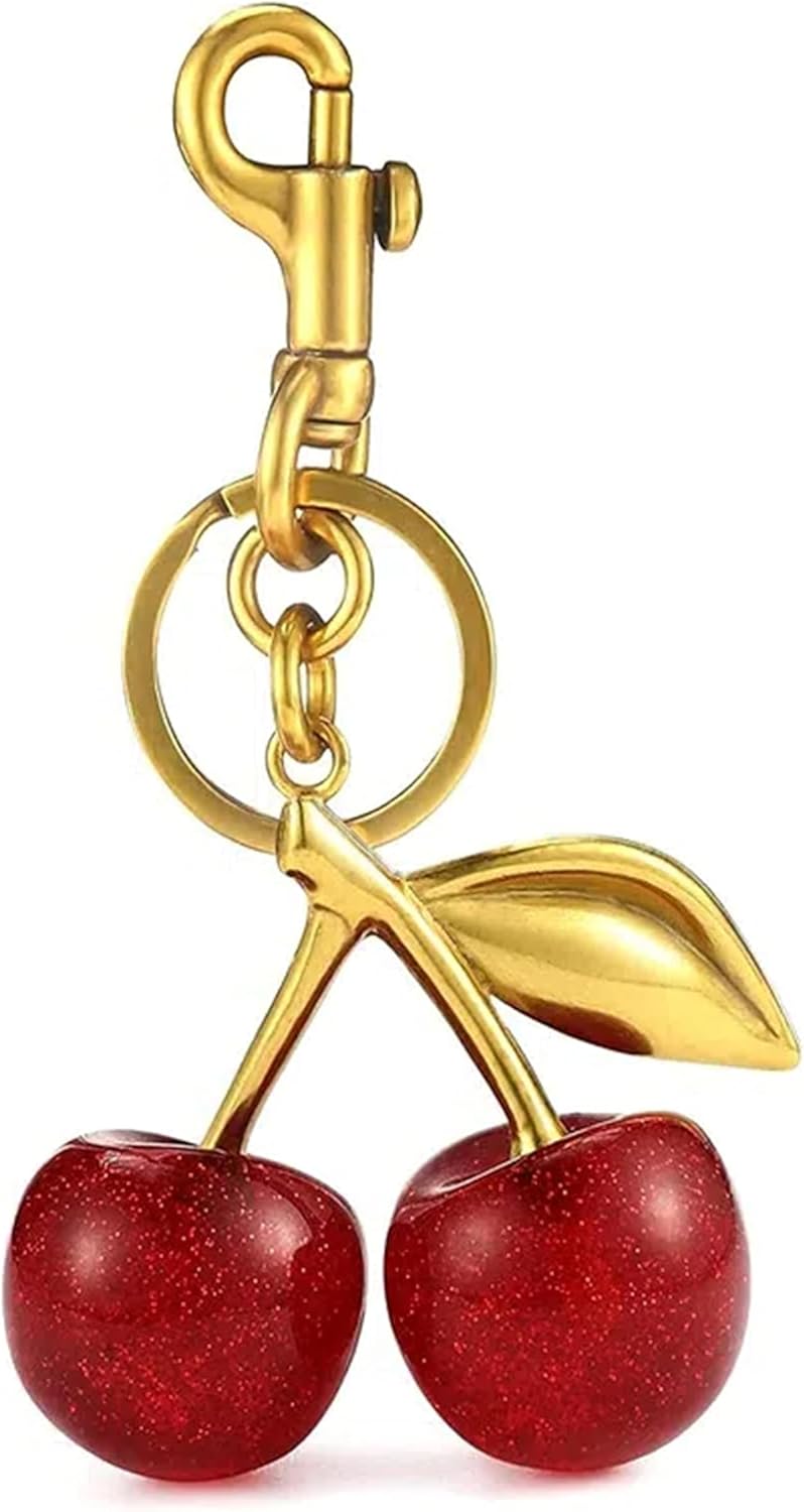 Luxurious 18K Gold Plated Cherry Bag Charm, Cherry Keychain Accessory Purse Charm, Red, Large - Image 1