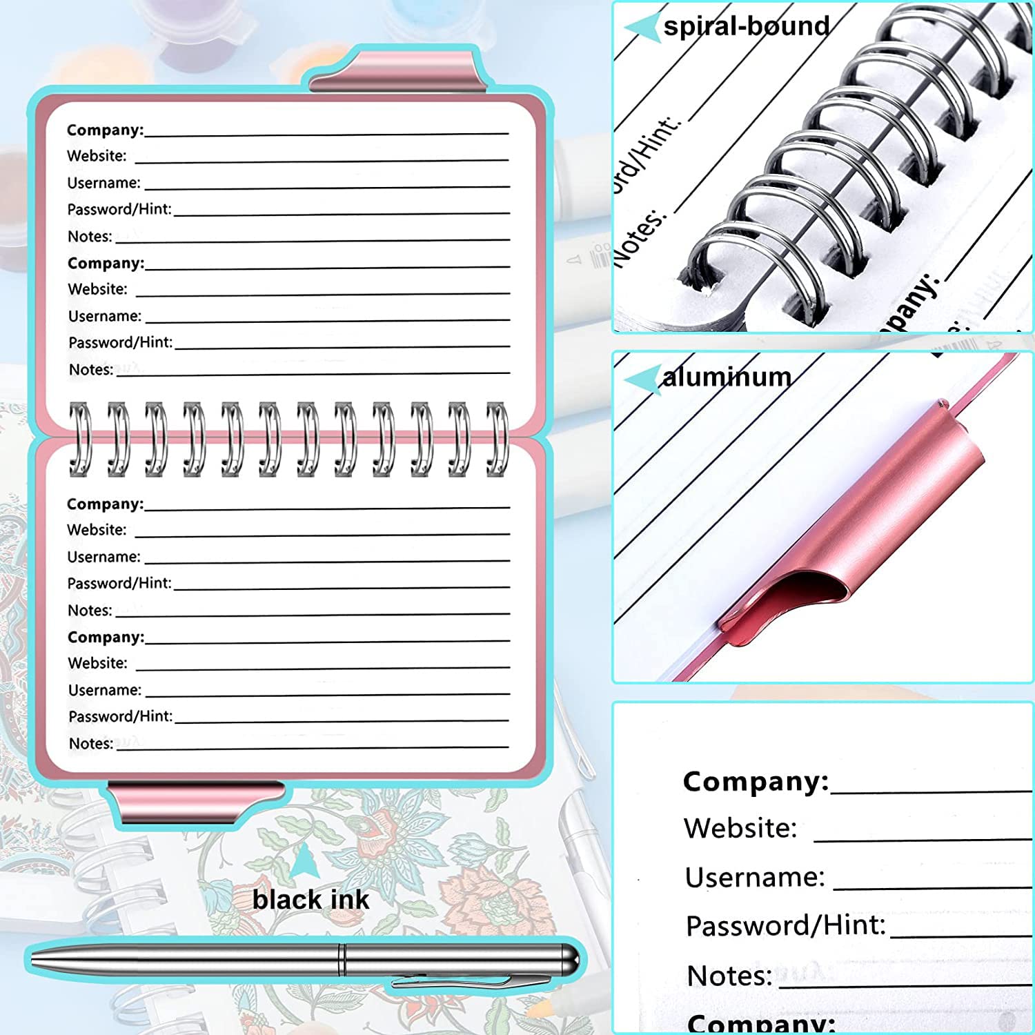 2 Pack Portable Password Notebook, Password Organizer Notebook Elegant Pattern Password Book Keeper with Pen,Spiral Bound Notebook for Password Information - Image 3