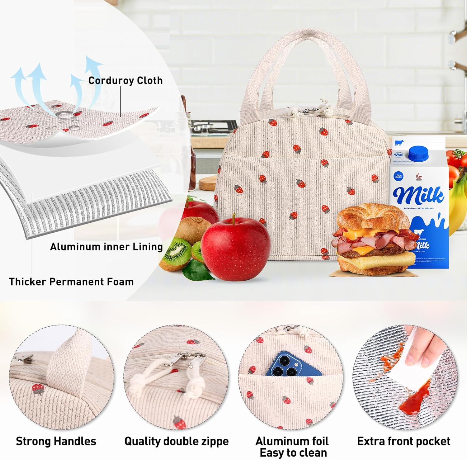 Lunch Bag for Women Girl Cute Strawberry Corduroy Lunch Tote Bags Leakproof Lunch Box Bag Large Capacity Reusable Insulated Cooler Lunch Container for Work, School, Travel or Picnic - Image 2