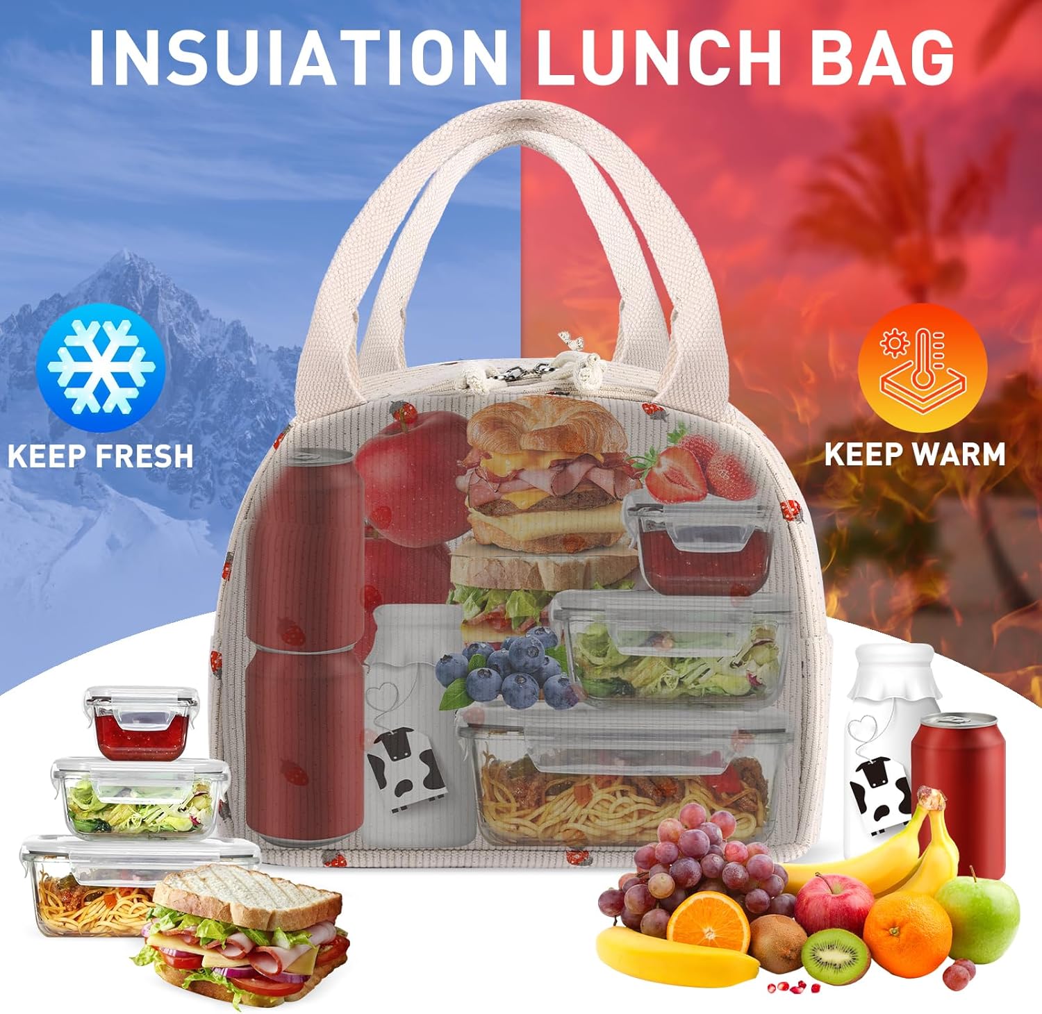 Lunch Bag for Women Girl Cute Strawberry Corduroy Lunch Tote Bags Leakproof Lunch Box Bag Large Capacity Reusable Insulated Cooler Lunch Container for Work, School, Travel or Picnic - Image 3