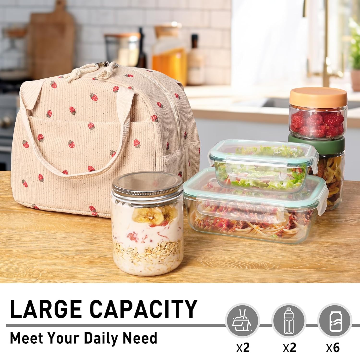 Lunch Bag for Women Girl Cute Strawberry Corduroy Lunch Tote Bags Leakproof Lunch Box Bag Large Capacity Reusable Insulated Cooler Lunch Container for Work, School, Travel or Picnic - Image 4