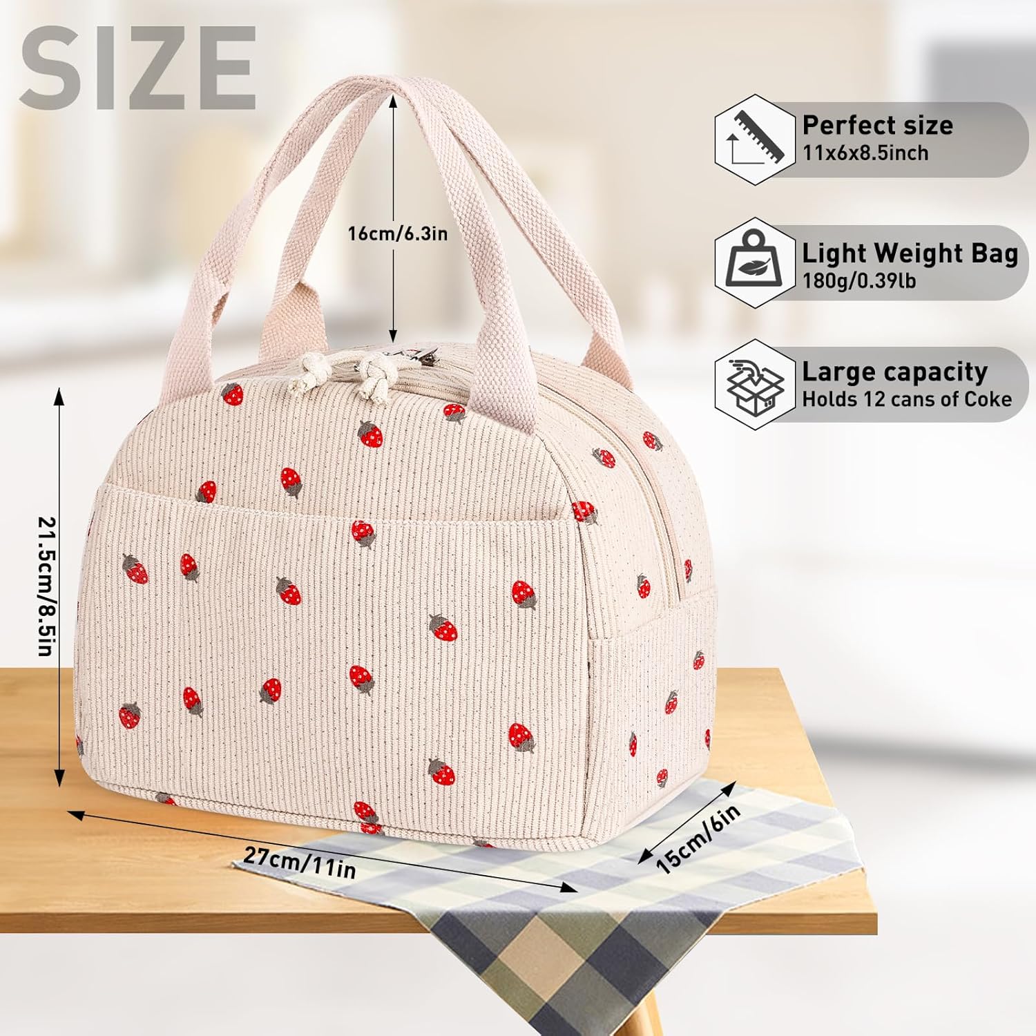 Lunch Bag for Women Girl Cute Strawberry Corduroy Lunch Tote Bags Leakproof Lunch Box Bag Large Capacity Reusable Insulated Cooler Lunch Container for Work, School, Travel or Picnic - Image 5