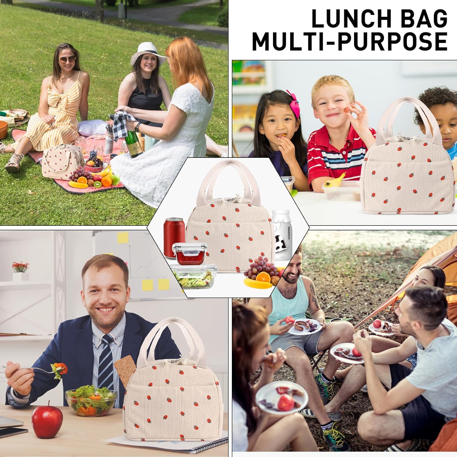 Lunch Bag for Women Girl Cute Strawberry Corduroy Lunch Tote Bags Leakproof Lunch Box Bag Large Capacity Reusable Insulated Cooler Lunch Container for Work, School, Travel or Picnic - Image 6
