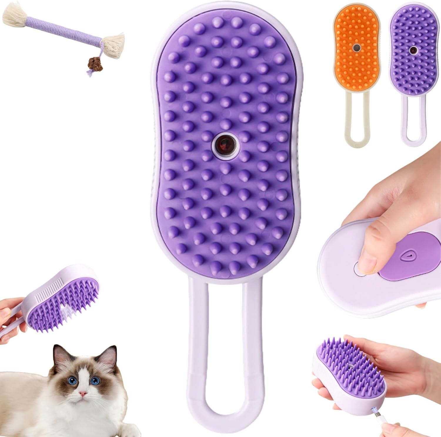 Puffease Spritz Defur Comb for Cats Dogs, Steam Pet Brush with Spray Function, Spray Defur Comb for Pet Bathing, Shedding & Grooming (Purple) - Image 1