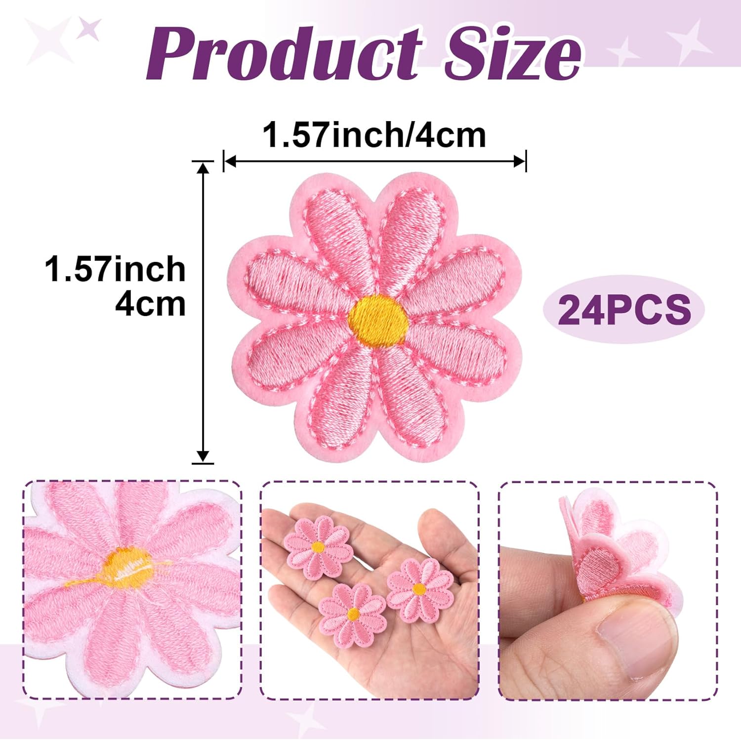 24pcs Flower Iron on Patches, Cute Daisy Flower Patch for Clothes, Sew on Embroidered Applique Patch, Sewing Floral Patches for Clothes Jeans Jackets Bags - Pink (4x4cm) - Image 2