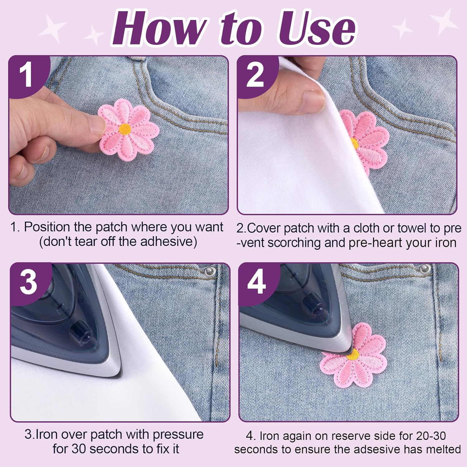 24pcs Flower Iron on Patches, Cute Daisy Flower Patch for Clothes, Sew on Embroidered Applique Patch, Sewing Floral Patches for Clothes Jeans Jackets Bags - Pink (4x4cm) - Image 3