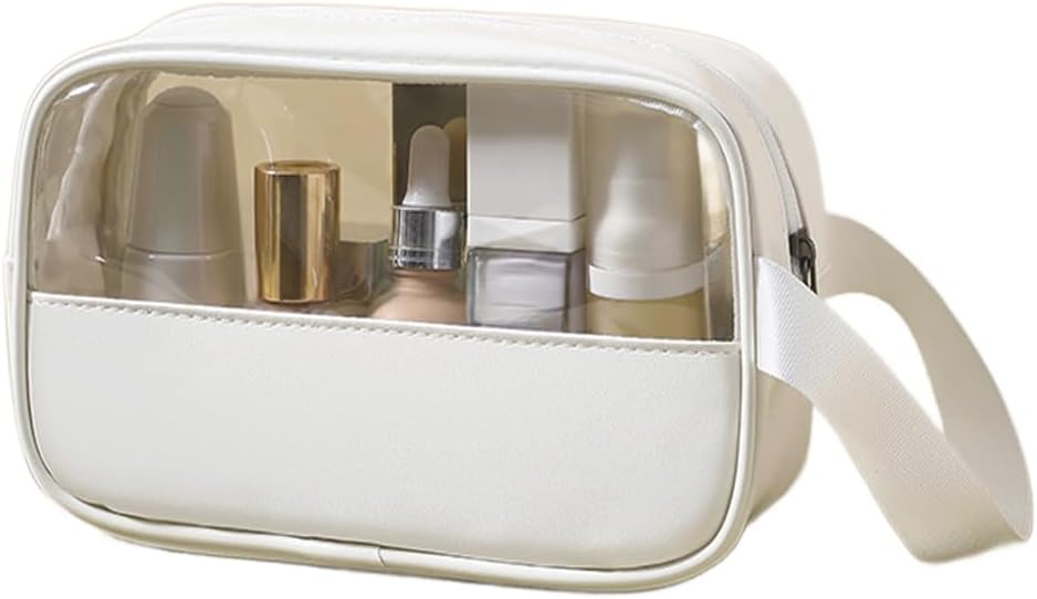 Toiletry Bag for Women Clear PVC & PU Splicing Waterproof Makeup Cosmetic Bag, TSA Approved Portable Travel Organizer for Vacation, Bathroom, Airplane, White - Image 1