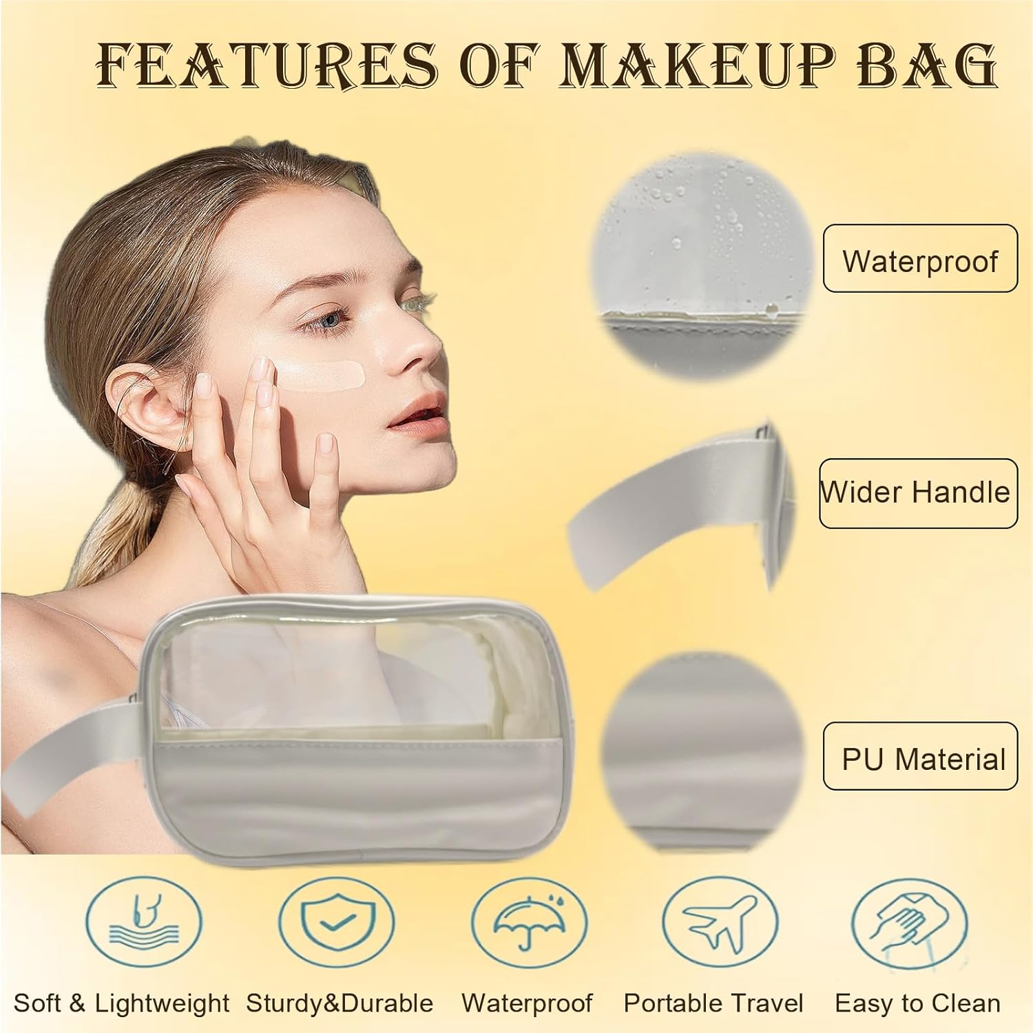 Toiletry Bag for Women Clear PVC & PU Splicing Waterproof Makeup Cosmetic Bag, TSA Approved Portable Travel Organizer for Vacation, Bathroom, Airplane, White - Image 3