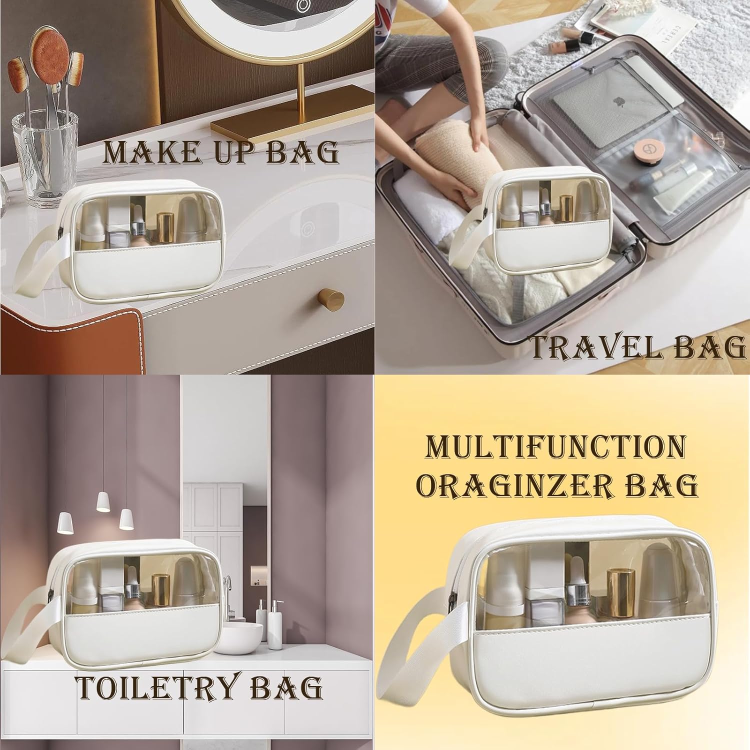 Toiletry Bag for Women Clear PVC & PU Splicing Waterproof Makeup Cosmetic Bag, TSA Approved Portable Travel Organizer for Vacation, Bathroom, Airplane, White - Image 4