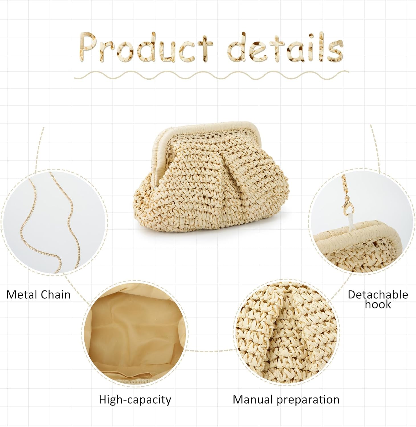 Straw Clutch Purse for Women Cloud Dumpling Pouch Straw Crossbody Shoulder Handbag Summer Beach Woven Bag - Image 3