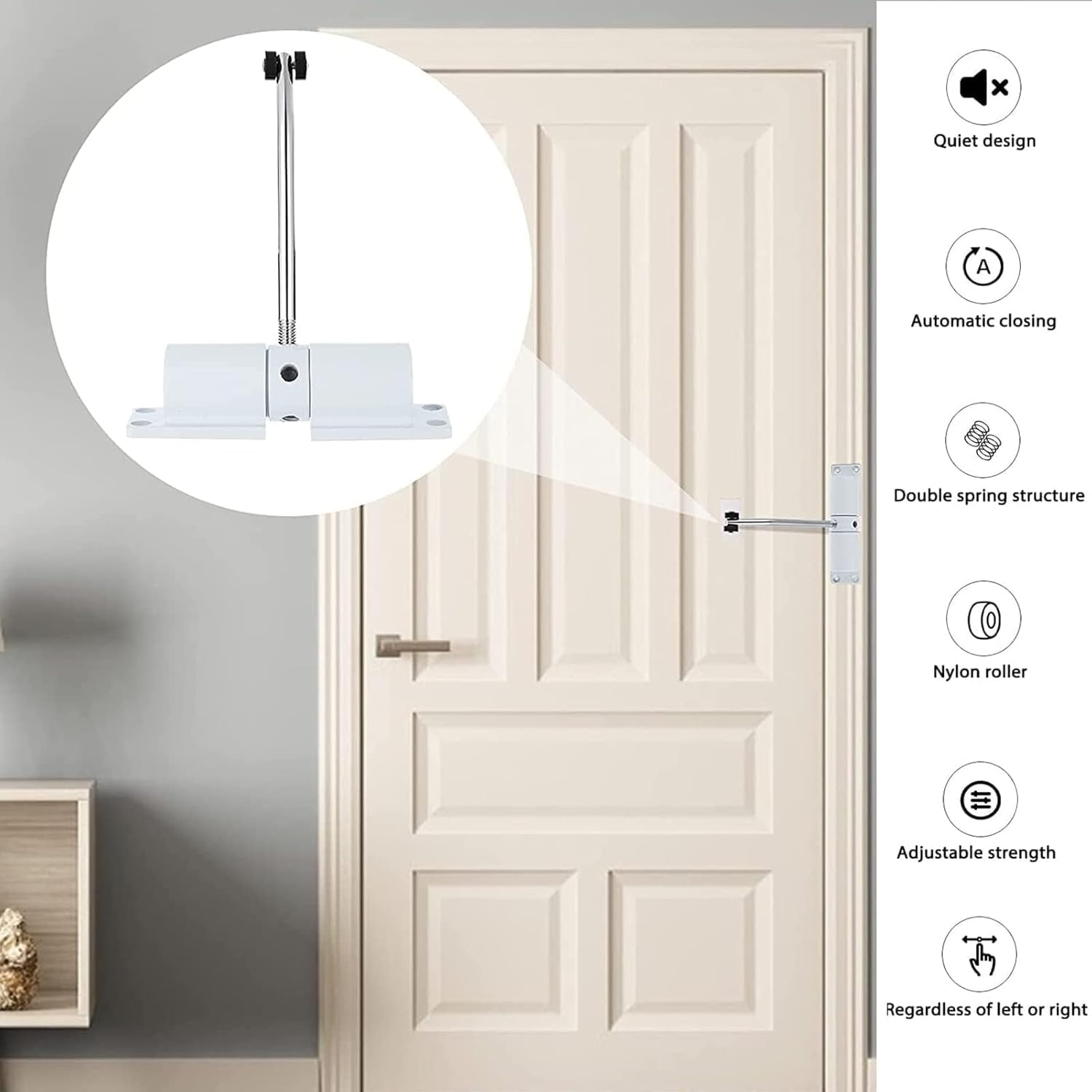 Automatic Door Closer, Zinc Alloy Safety Spring Door Closer Adjustable 30 kg Closing Door Hinge (White) - Image 6