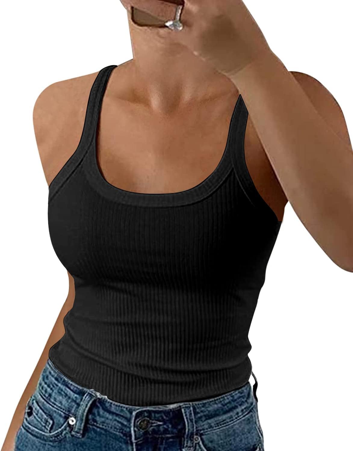 Women Spaghetti Strap Scoop Neck Ribbed Tank Tops Slim Fitted Cotton Camisole Basic Sleeveless Layering Shirts - Image 1