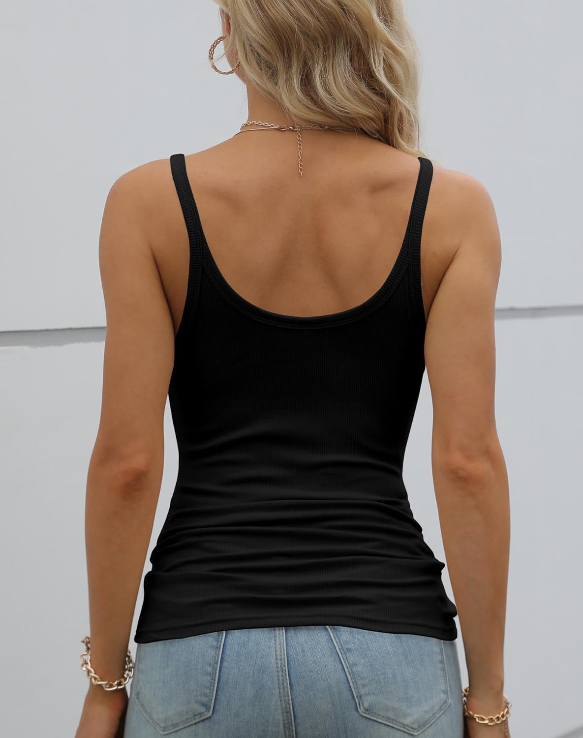 Women Spaghetti Strap Scoop Neck Ribbed Tank Tops Slim Fitted Cotton Camisole Basic Sleeveless Layering Shirts - Image 3