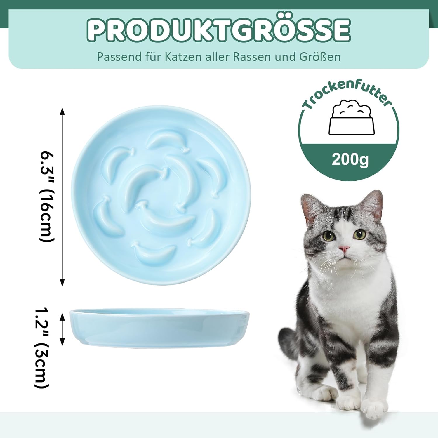 Ceramic Cat Slow Feeder Bowl - Pastel Series Cat Plate for Dry and Wet Food - Cute Maze Feeder Dish for Healthy Eating - Dishwasher Safe - 6.3''W x 1.2''H - 7 OZ - Pale Blue - Image 2