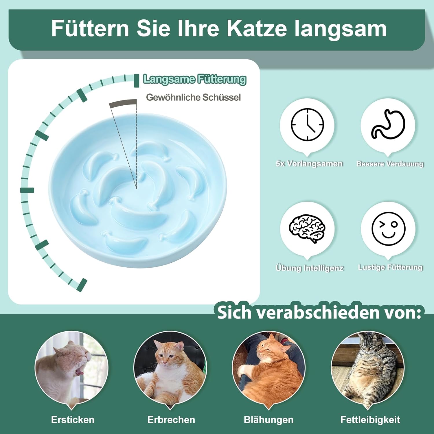 Ceramic Cat Slow Feeder Bowl - Pastel Series Cat Plate for Dry and Wet Food - Cute Maze Feeder Dish for Healthy Eating - Dishwasher Safe - 6.3''W x 1.2''H - 7 OZ - Pale Blue - Image 3