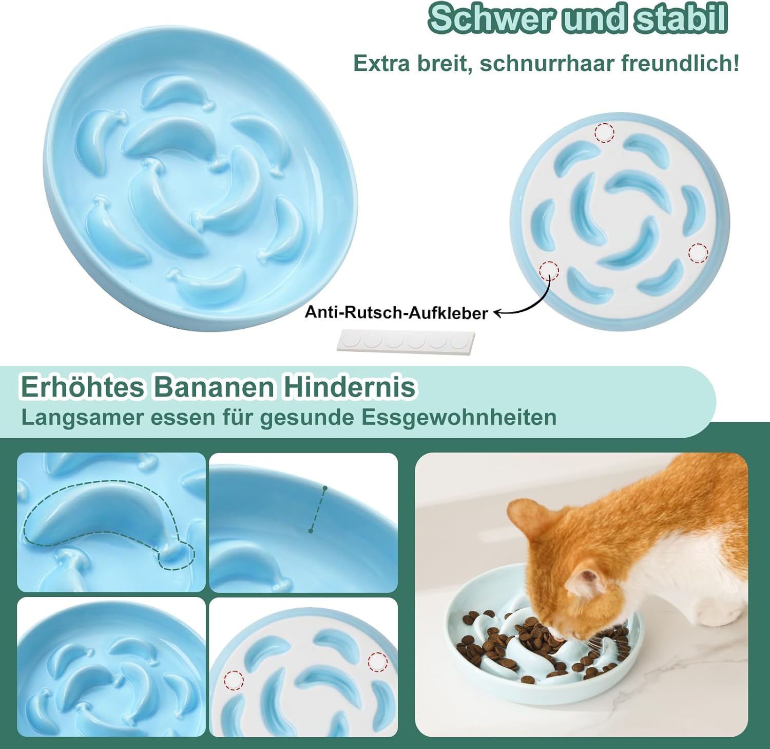 Ceramic Cat Slow Feeder Bowl - Pastel Series Cat Plate for Dry and Wet Food - Cute Maze Feeder Dish for Healthy Eating - Dishwasher Safe - 6.3''W x 1.2''H - 7 OZ - Pale Blue - Image 4