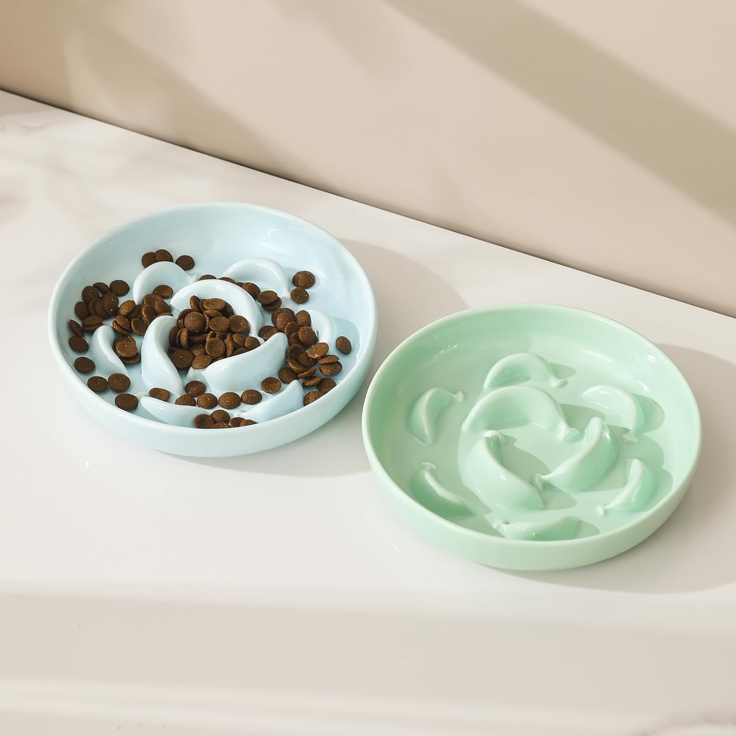 Ceramic Cat Slow Feeder Bowl - Pastel Series Cat Plate for Dry and Wet Food - Cute Maze Feeder Dish for Healthy Eating - Dishwasher Safe - 6.3''W x 1.2''H - 7 OZ - Pale Blue - Image 6